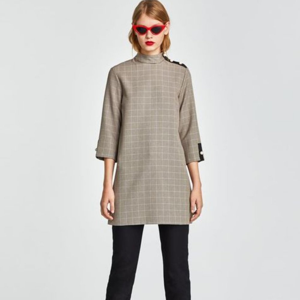 Zara Plaid Mock Neck Shift Dress with Pearl Button Details
